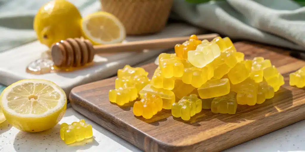A pile of bright yellow Lemon Turmeric Gummies on a wooden board.