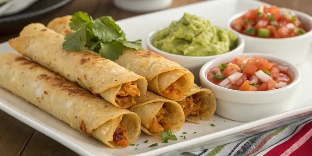A platter of crispy, golden Gluten-Free Chicken Taquitos served with guacamole and salsa.