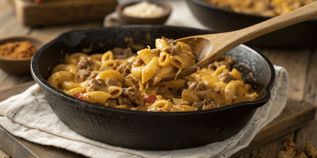 A large skillet filled with cheesy, homemade Gluten-Free Hamburger Helper.