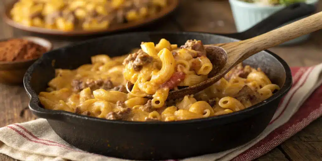 A large skillet filled with cheesy, Gluten Free hamburger casserole.