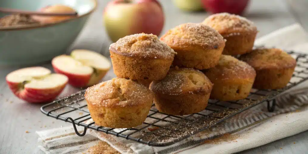 A wire rack filled with cinnamon sugar coated gluten free mini apple muffins.