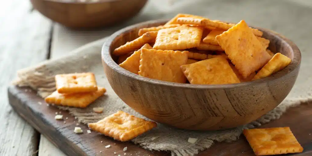 A bowl of crispy, golden homemade Gluten-Free Cheese Crackers.