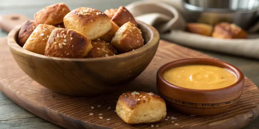 A delicious bowl of homemade Gluten Free Soft Pretzel Bites with a side of cheese sauce.