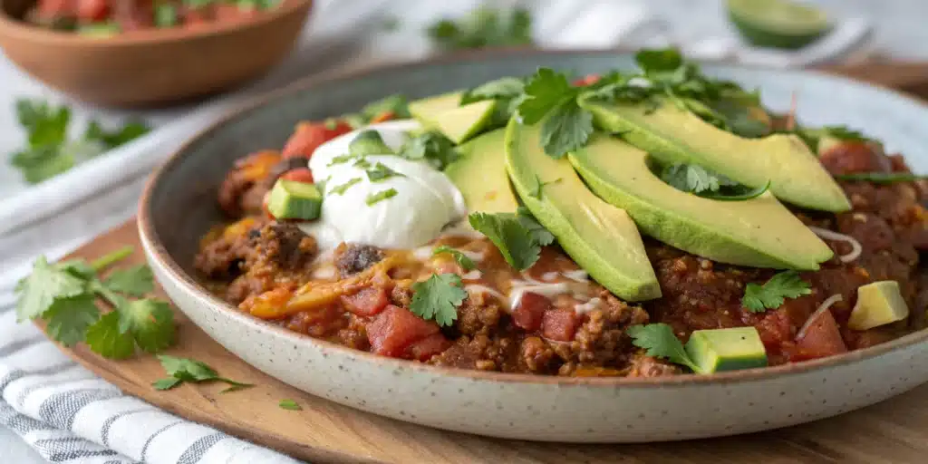 A healthy serving of Paleo Ground Beef Enchilada Skillet with fresh avocado.