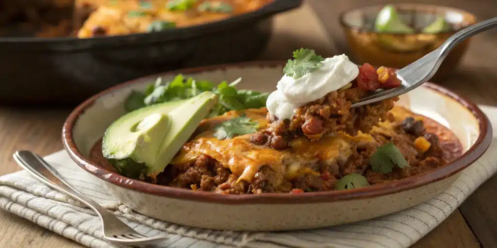 A delicious serving of cheesy Ground Beef Enchilada Skillet on a plate with fresh toppings.