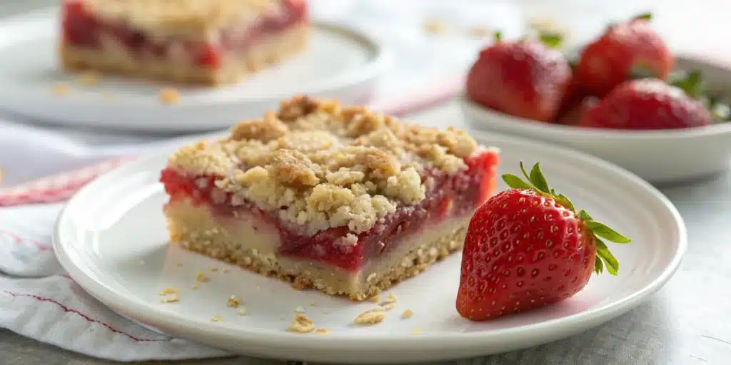 A perfect square of a homemade Strawberry Oatmeal Crumble Bar on a white plate.