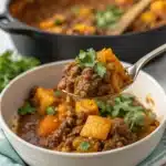 A close-up spoonful of the Paleo Ground Beef Enchilada Skillet.