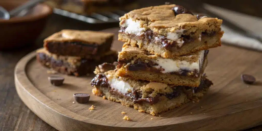 A delicious stack of gooey, layered Gluten-Free S'mores Cookie Bars.
