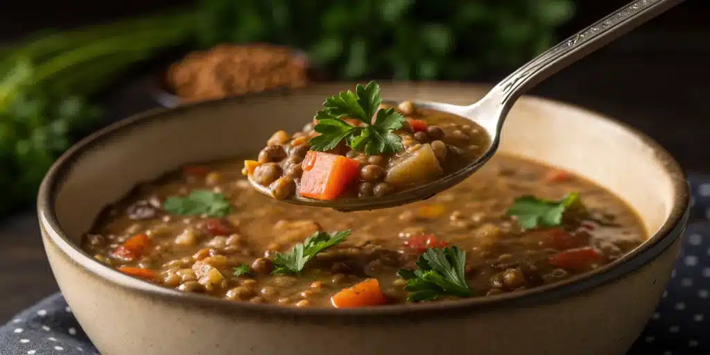 A beautiful stoneware bowl filled with creamy, homemade Gluten-Free Lentil Soup.