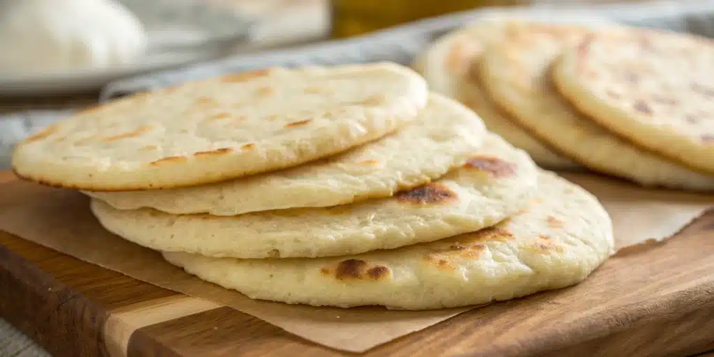 A beautiful stack of soft, freshly cooked Gluten-Free Flatbreads on a wooden board.
