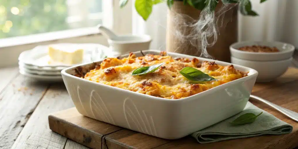A golden brown baked spaghetti squash casserole in a white dish topped with fresh basil.