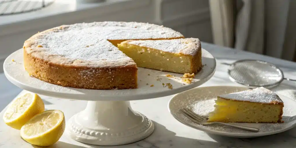 A whole, elegant Flourless Lemon Almond Cake on a cake stand, dusted with powdered sugar.