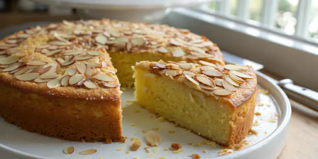 A whole golden Gluten-Free Almond Flour Cake topped with sliced almonds.