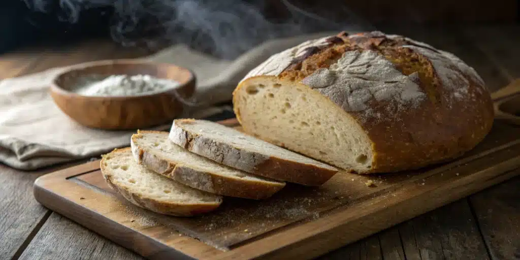 A rustic round loaf of Gluten Free Artisan Bread with a crispy crust and open crumb.