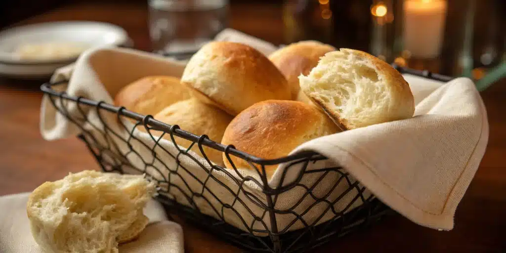 A basket of soft and fluffy Gluten Free Dinner Rolls.