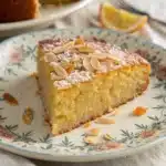 A close-up of a slice of moist Gluten-Free Almond Orange Cake, showing its texture.