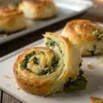 A close-up of a Spinach and Feta Pinwheel broken in half showing the flaky layers.