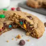 A close-up of a Gluten Free Monster Cookie bent to show the soft, chewy interior.