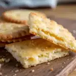 A close-up of a Gluten-Free Cheese Cracker snapped in half showing the crispy layers.