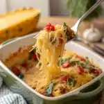 A close-up spoonful of vegan spaghetti squash bake showing texture