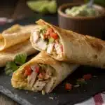 A close-up of a Gluten-Free Chicken Taquito cut in half to show the creamy filling.