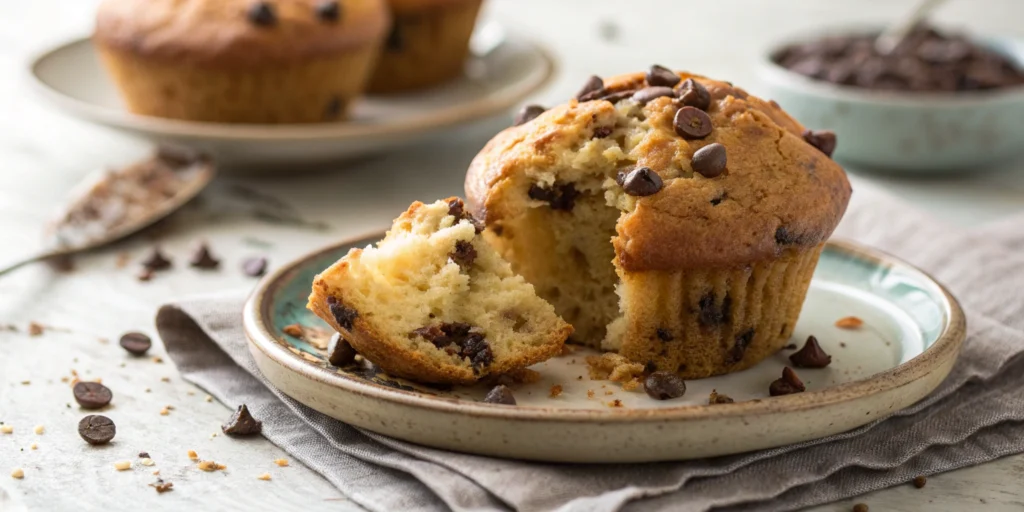 A perfect, fluffy Greek Yogurt Chocolate Chip Muffin with a bite taken out.