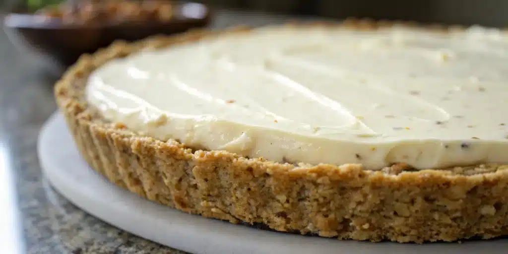 A golden brown, baked gluten-free Oatmeal Pie Crust in a white dish.