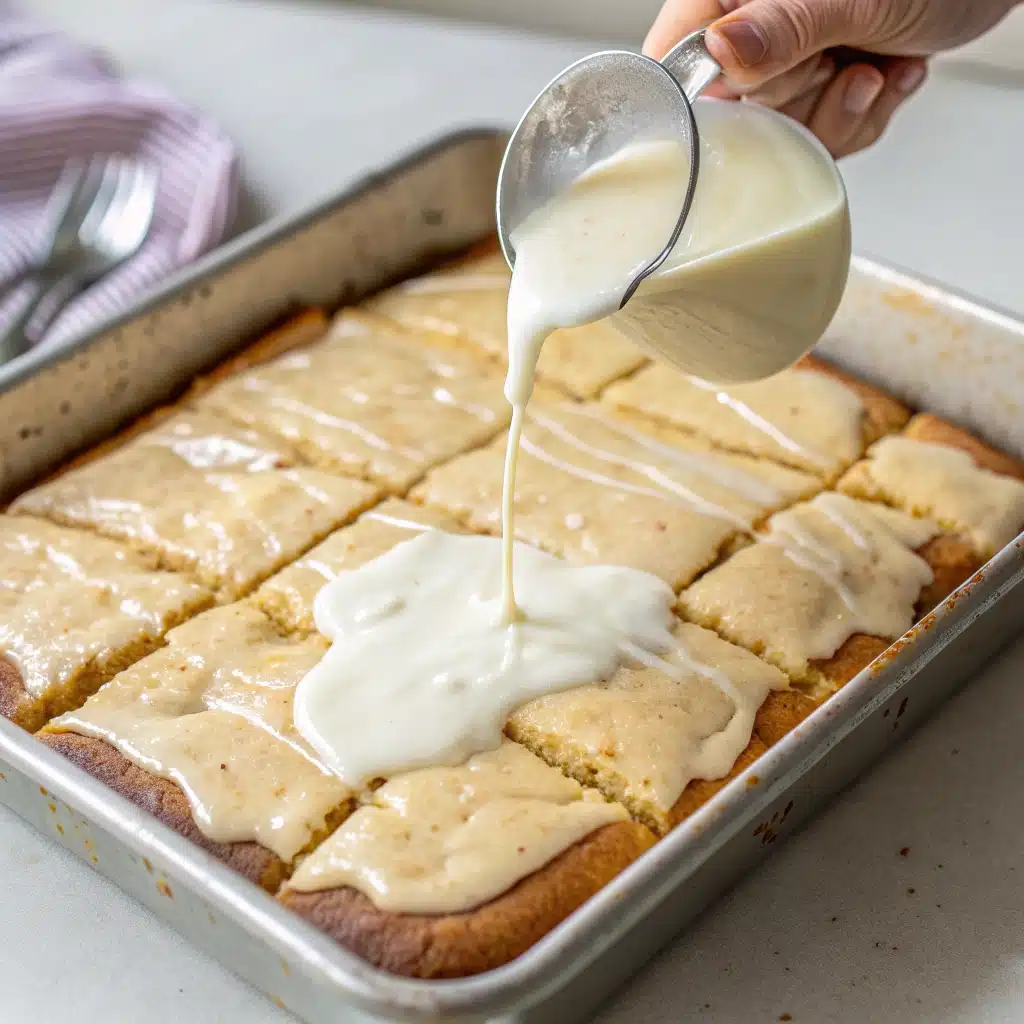 Pouring glaze over baked lemon brownies.