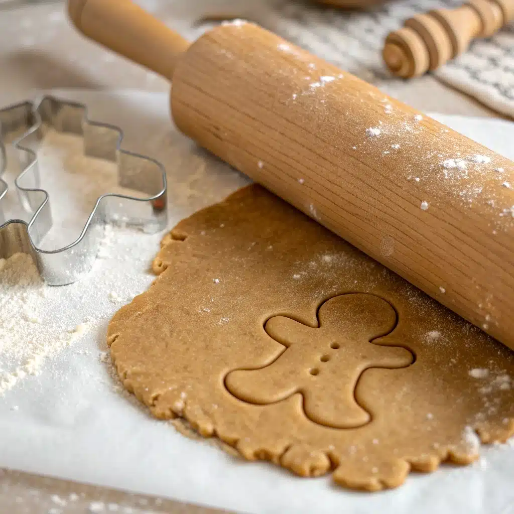 Rolling out gluten free gingerbread dough on parchment.