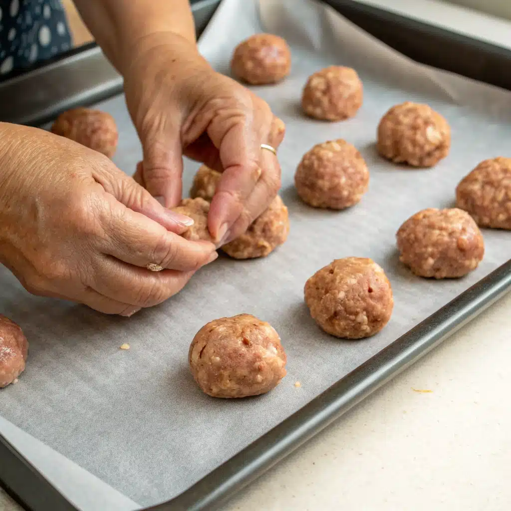 Rolling gluten free sausage balls tightly before baking.