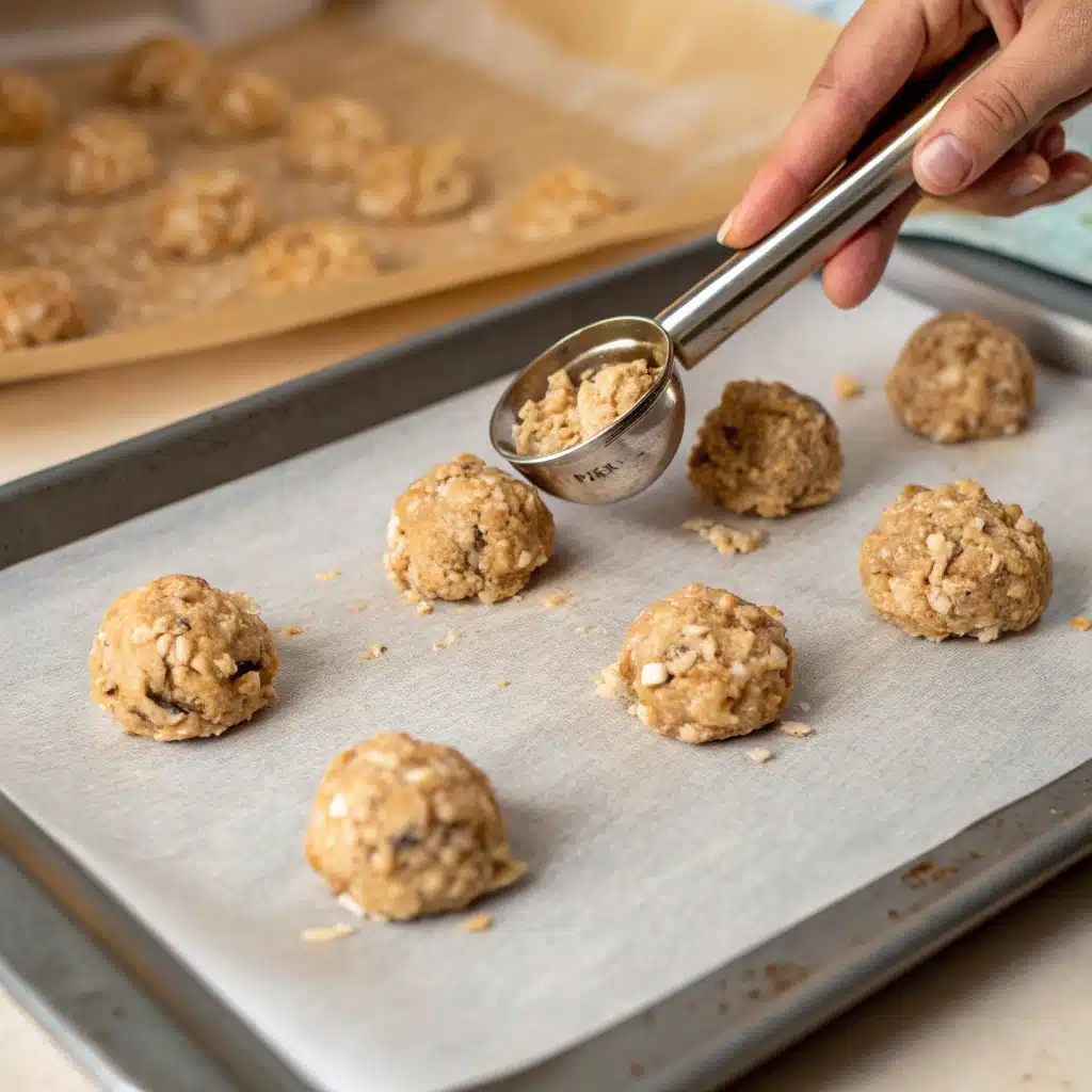 Scooping gluten free oatmeal cookie dough onto a baking sheet.