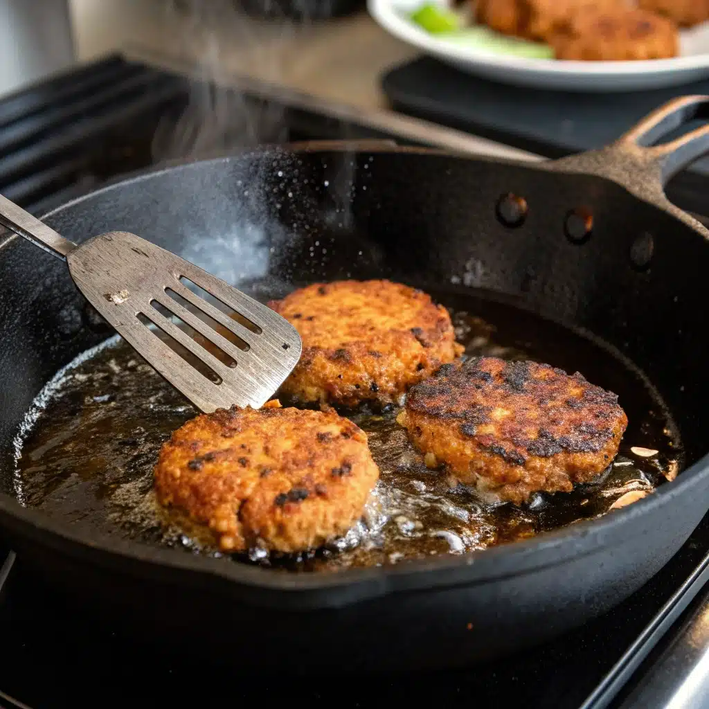 Pan frying gluten free lentil burgers in a skillet.