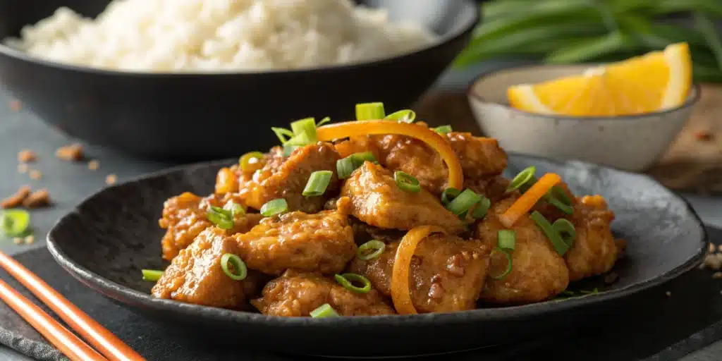 A plate of sticky, glossy Gluten Free Orange Chicken garnished with green onions.