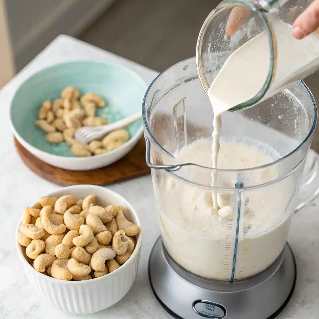 Blending soaked cashews for dairy free cream sauce.