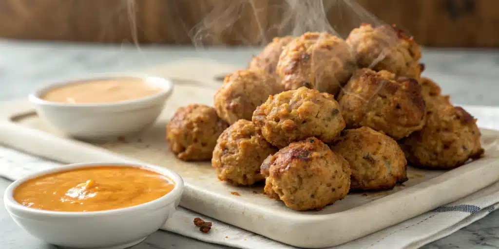 A pile of golden gluten free sausage balls on a serving board.