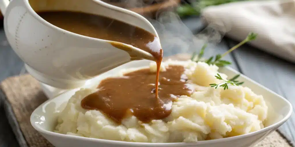 Pouring hot gluten free gravy over mashed potatoes.