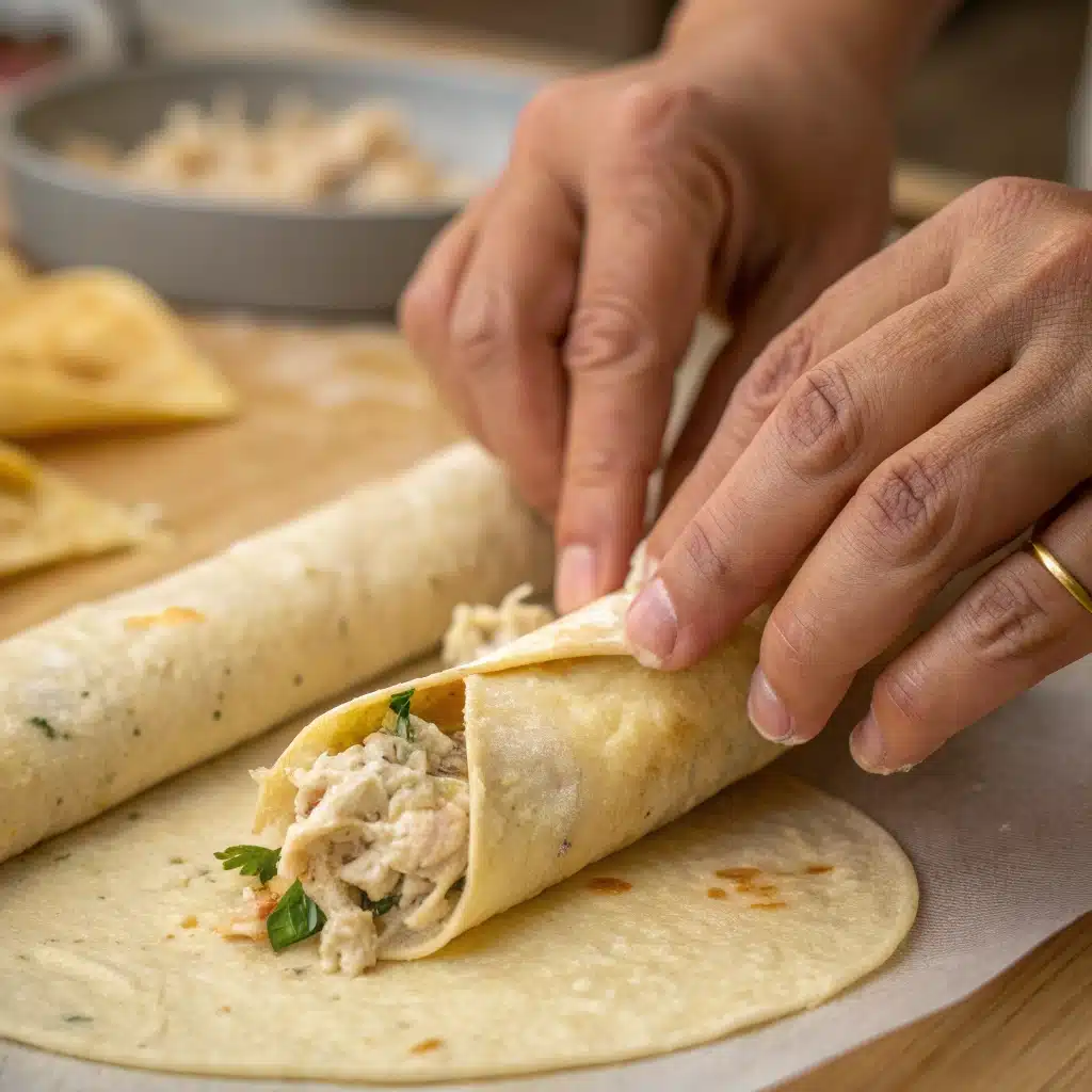 Rolling filling into a gluten free tortilla.