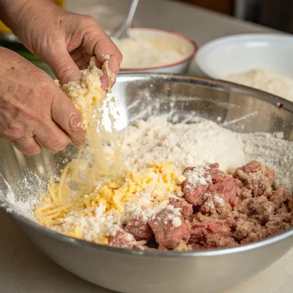 Mixing sausage ball dough by hand.