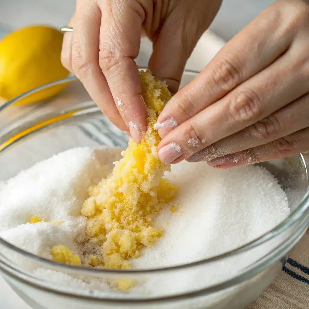 Rubbing lemon zest into sugar for gluten free brownies.