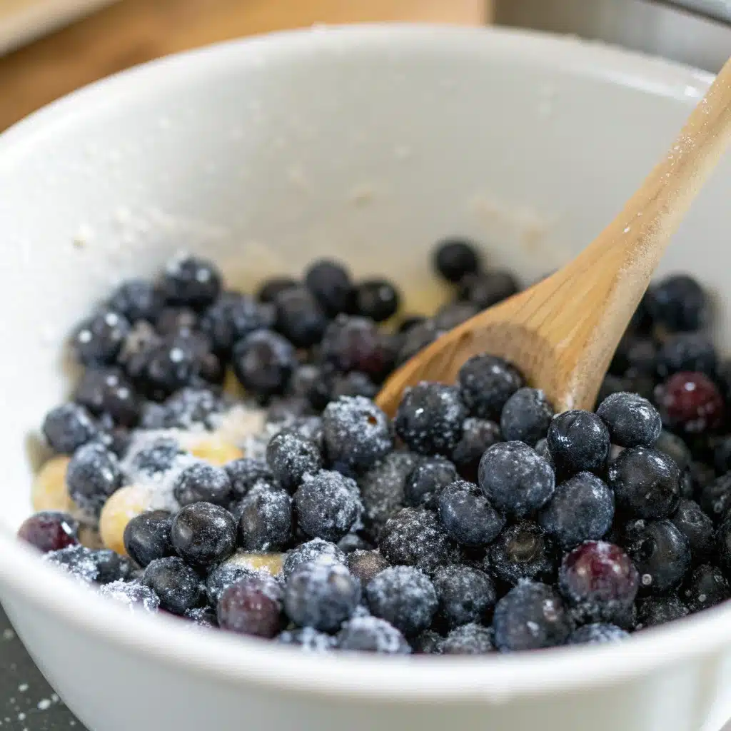 Mixing fresh blueberries with lemon and starch.