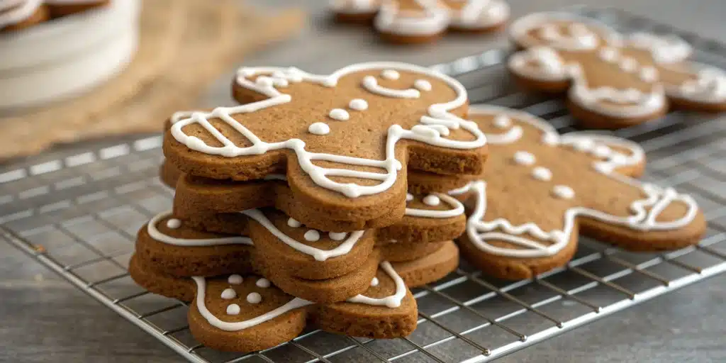 Stack of decorated gluten free gingerbread men cookies.