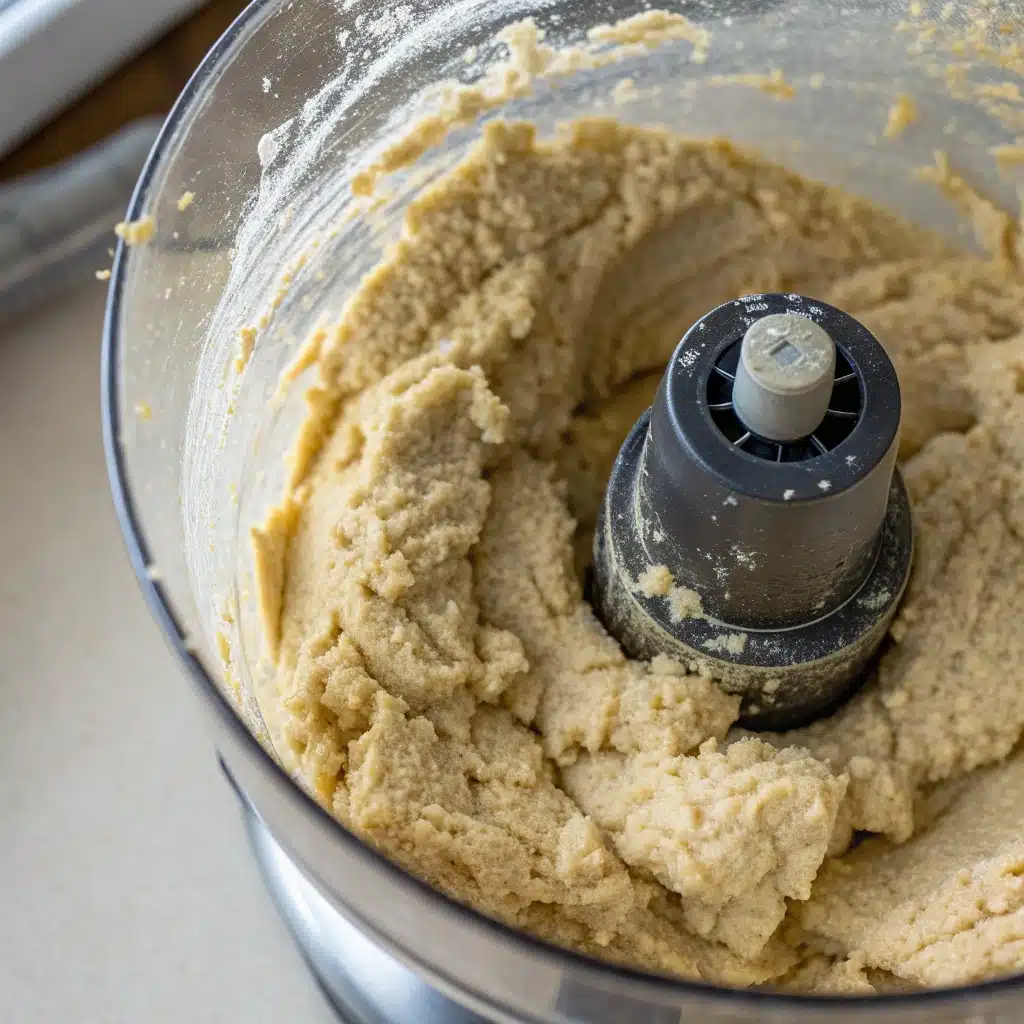 Sticky quinoa flatbread dough in a food processor.