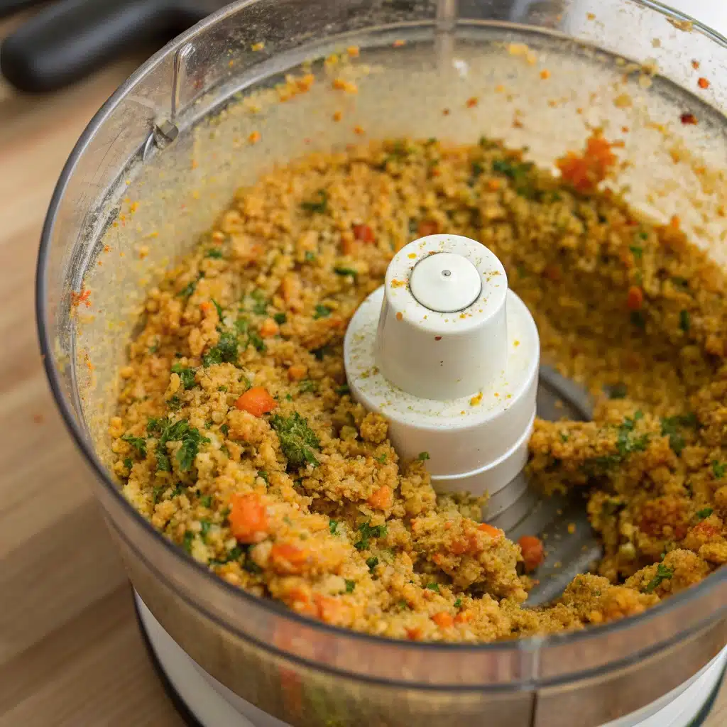 Pulsed red lentil burger mixture in a food processor.
