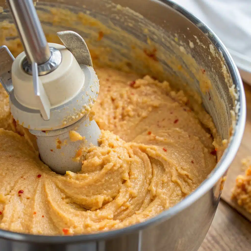 Thick orange cake batter in a food processor.