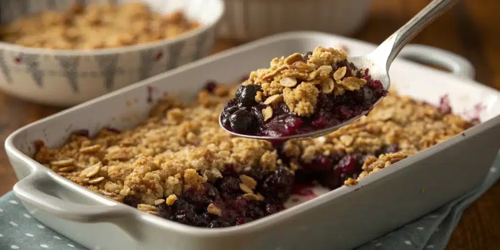 A spoon scooping warm gluten free blueberry crisp from a dish.