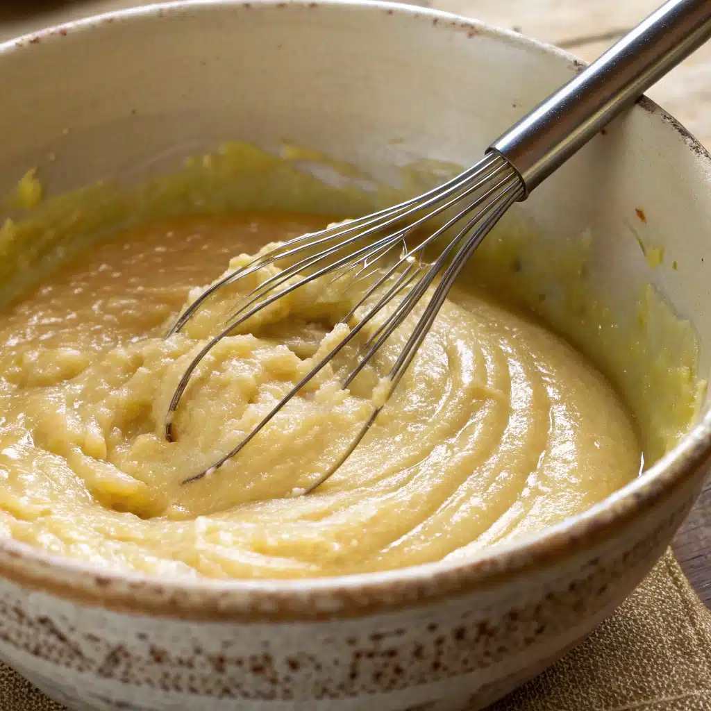 Whisking mashed bananas and wet ingredients.