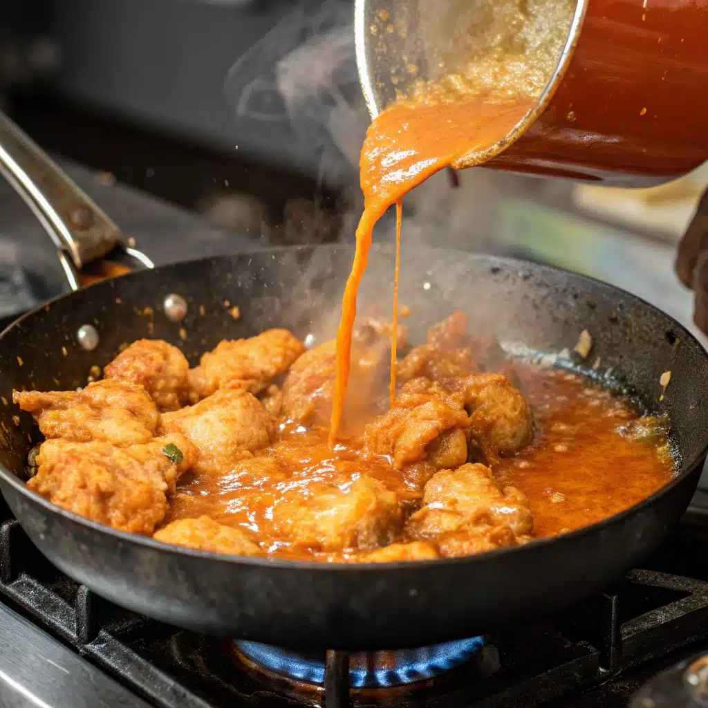  Pouring the orange sauce over the cooked chicken in a hot skillet.