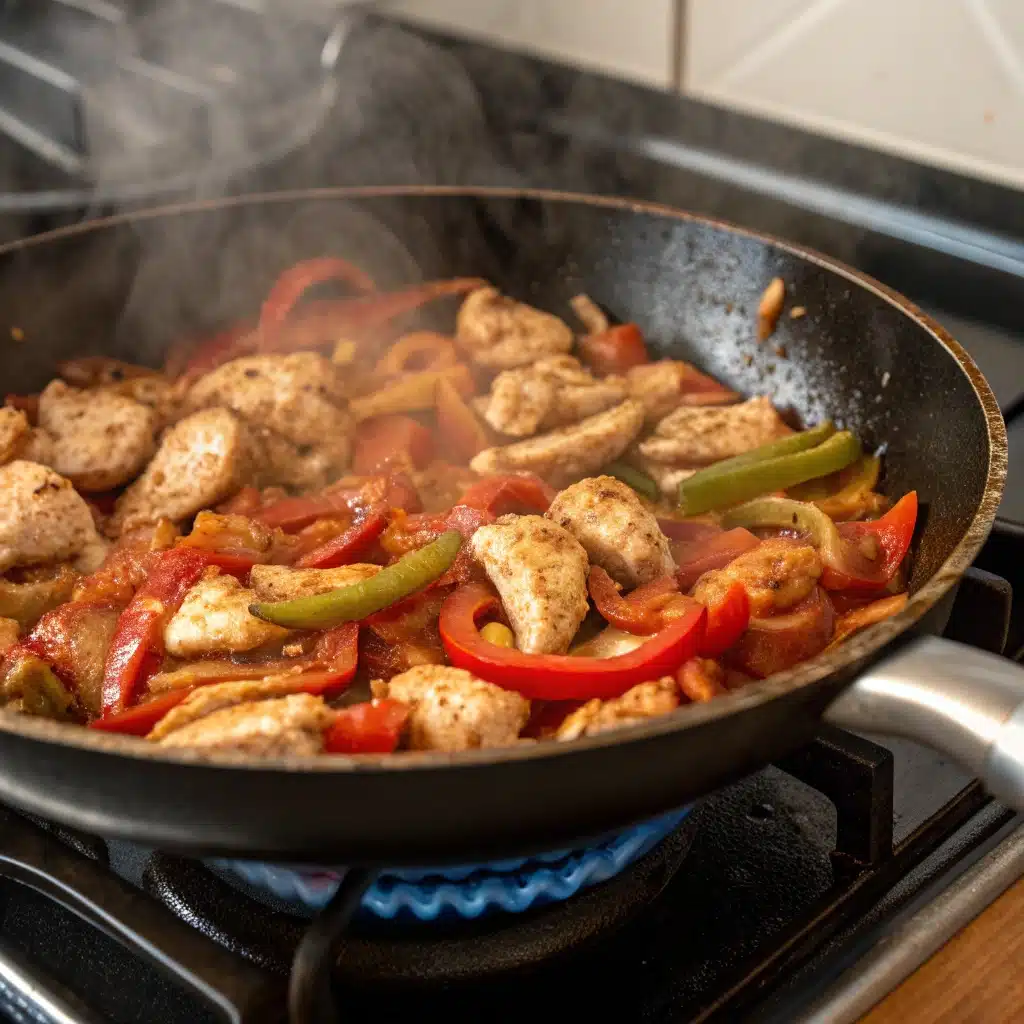 Sautéing chicken and peppers with Cajun spices.