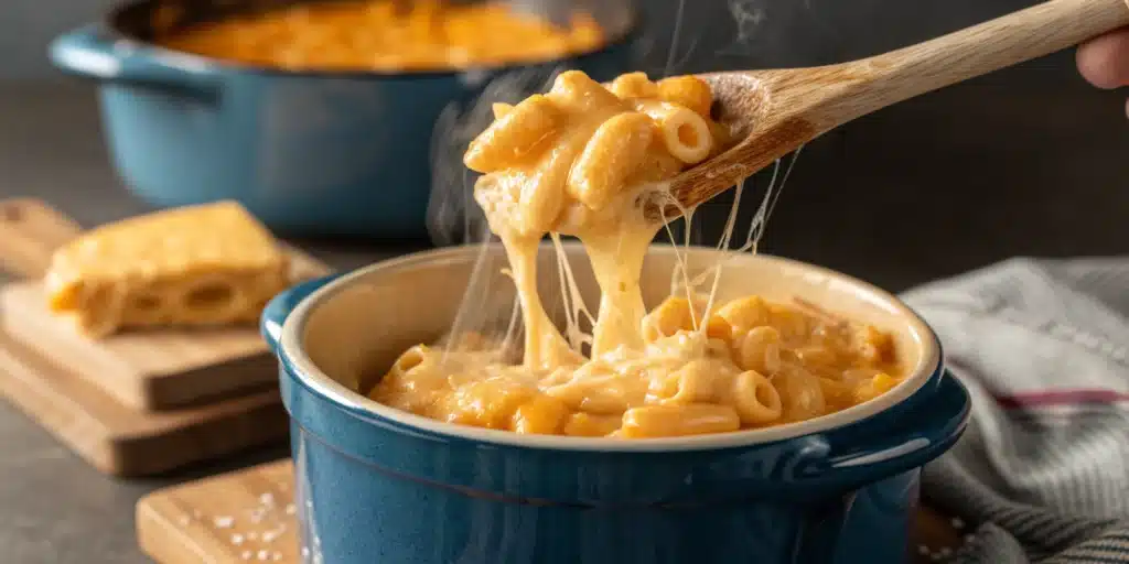 Spoon lifting creamy gluten free mac and cheese with cheese pull.