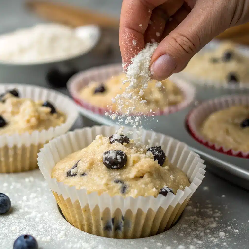 Sprinkling sugar on raw gluten free blueberry muffins.